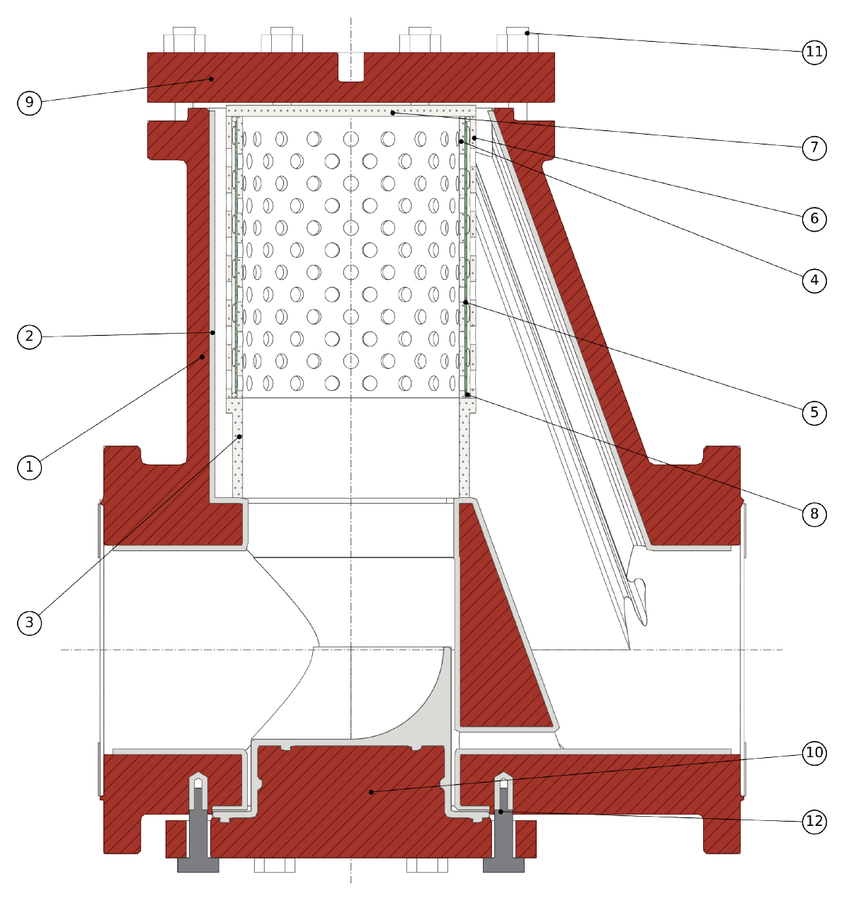 Sectional drawing GFT9-PUC-DS-001 Rev. C (illustrated DN 100, preliminary) — positions as in the materials table.