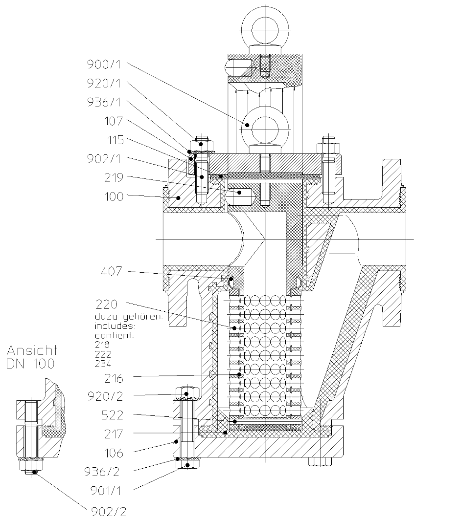 Sectional drawing — positions as in the materials table