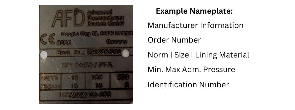 Exemplary_Nameplate_PFA_Lined_Valve_Size_Pressure_Temperature_Valve_Type_Order_No._Identification_Number