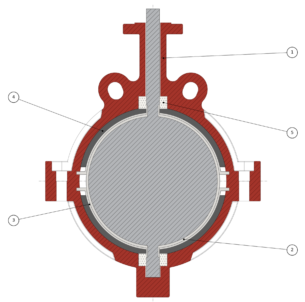 PFA Lined Butterfly Valve — — sectional drawing with parts list positions