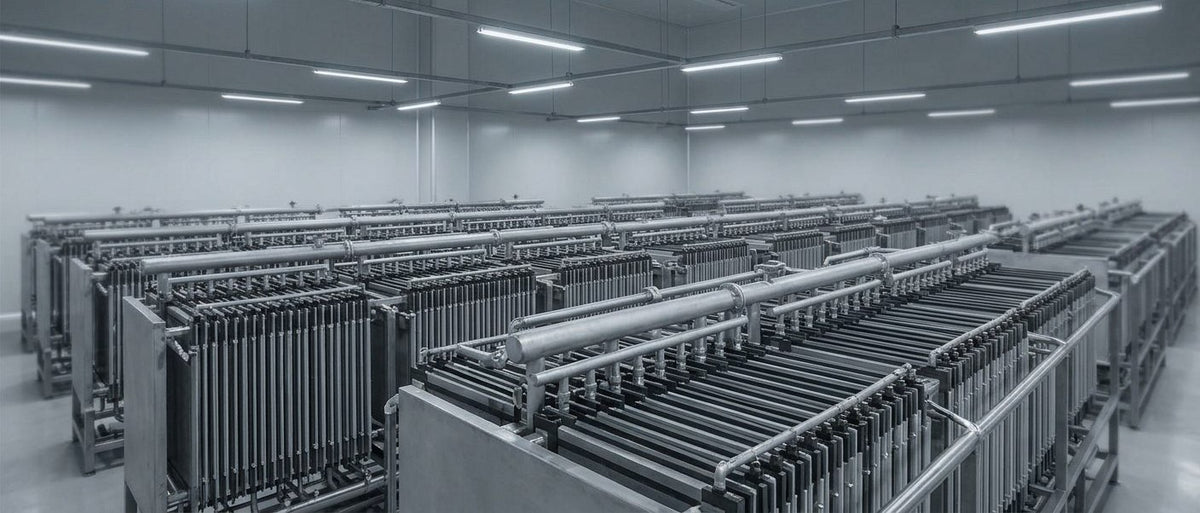 Electrolyser hall for green hydrogen production with rows of alkaline electrolysis stacks and pipework