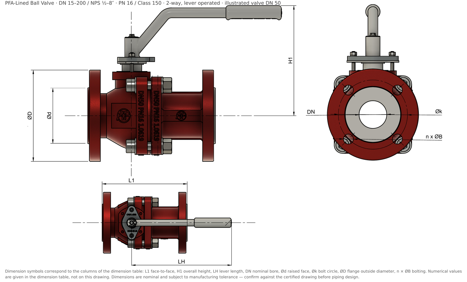General arrangement and dimensions, GFT9 Spheron9 PFA-lined ball valve: face-to-face L1, overall height H1, lever length LH, nominal bore DN, raised face Ød, bolt circle Øk, flange outside diameter ØD and bolting n × ØB. Illustrated valve DN 50. Document GFT9-SPI-DRW-002 Rev. A.